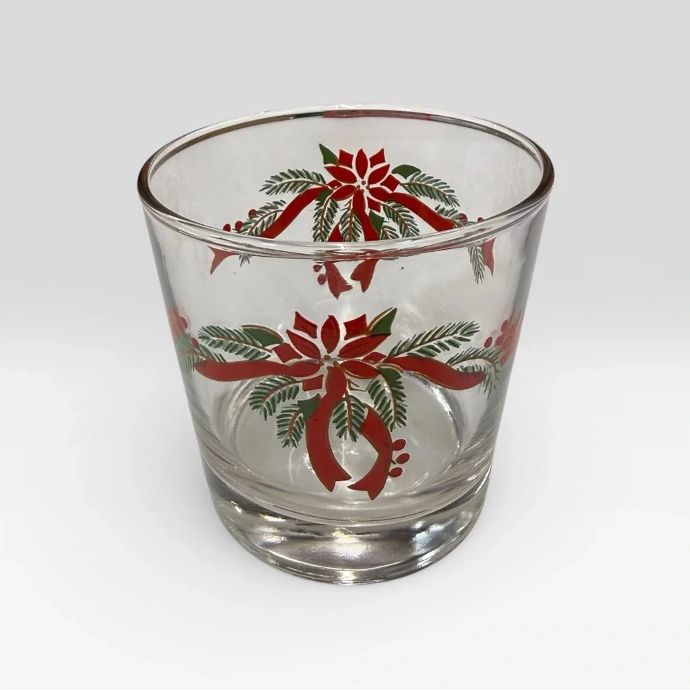 Vtg Anchor Hocking Poinsettia & Ribbons Rocks Glasses 3.25